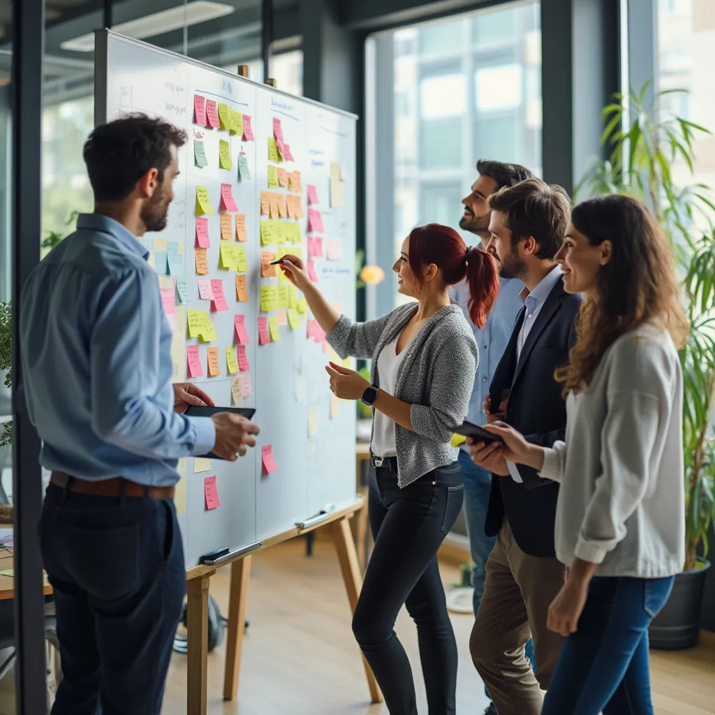 Equipo de consultores en una animada sesión de brainstorming con pizarras y notas adhesivas.