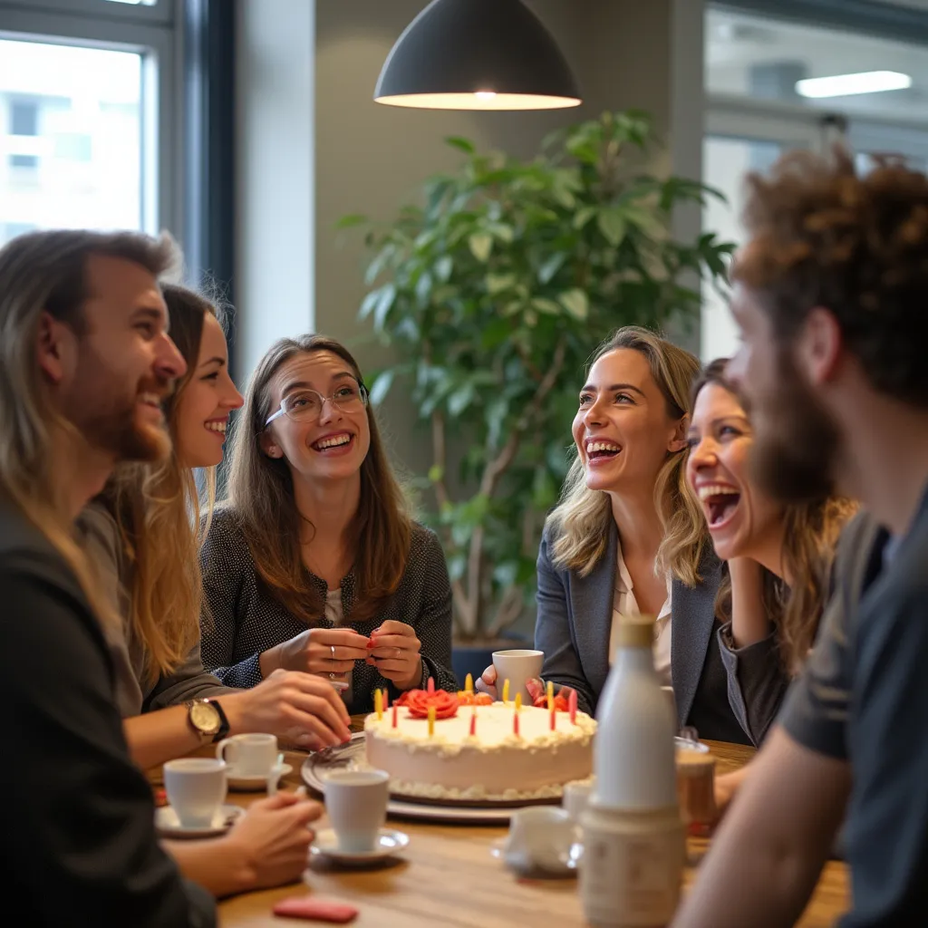 Equipo celebrando un hito importante de un proyecto con un pequeño ágape en la oficina.