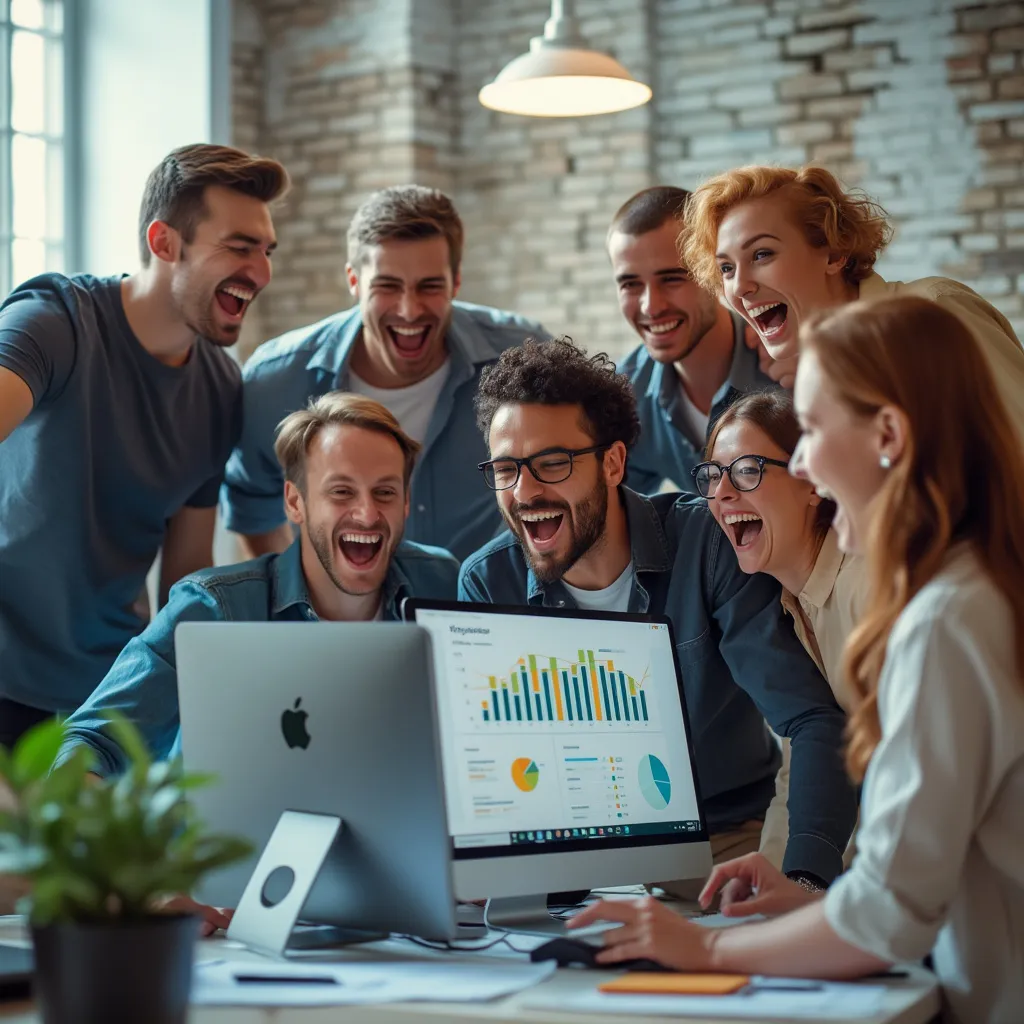 Equipo celebrando el éxito de un proyecto tecnológico.
