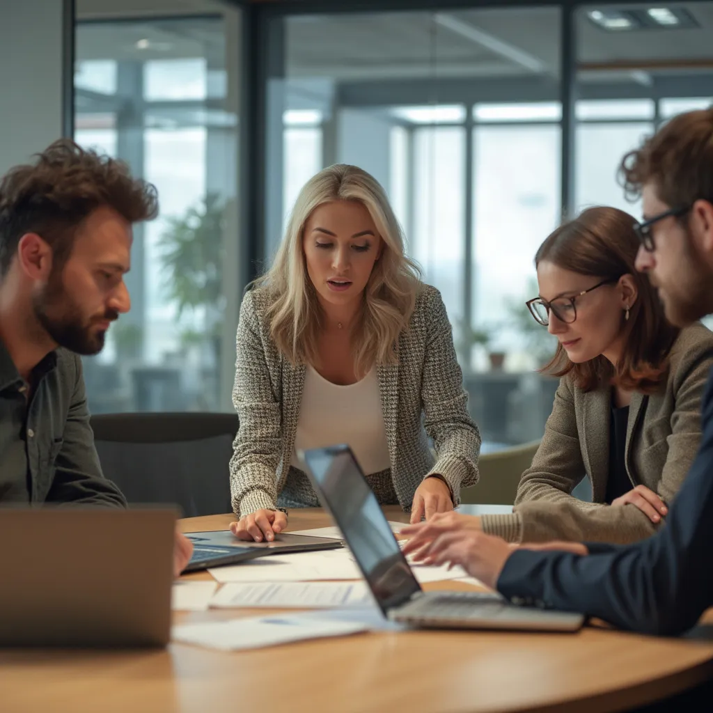 Equipo de consultores colaborando en una oficina moderna.